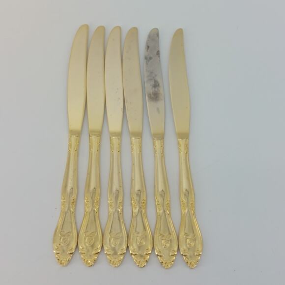 Set of 6 Dinner Knifes Gold Tone With Monogram C Hollywood - Picture 2 of 15